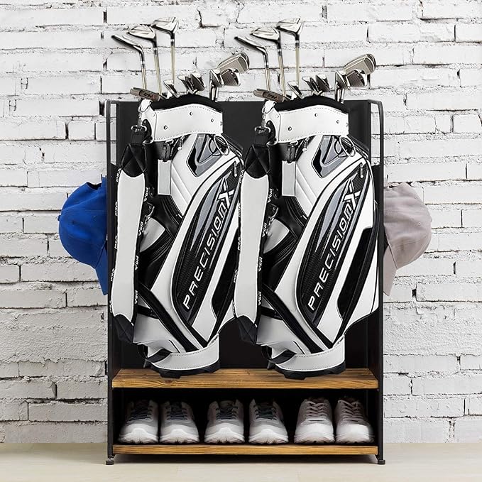 MyGift 2 Golf Bag Organizer with 2 Tier Burnt Wood Shelf for Shoes, Equipment and Hooks for Hat and Towels, Deluxe Matte Black Metal Golf Bag Storage Rack