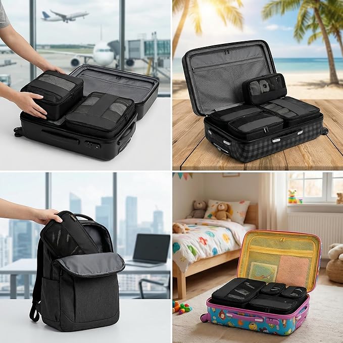 4 Piece Compression Packing Cubes for Suitcases and Backpack, Lightweight Travel Organizer Bags (Jet Black)