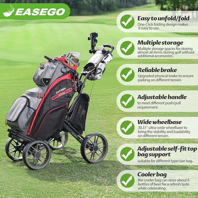 Golf Push Cart 4 Wheel : Golf Walking Carts with Phone Holder/Cup Holder/Umbrella Holder/Foot Brake/Cooler Basket 3 Wheel Superlite Golf Pull Cart All-Terrain Golf Caddy Carts