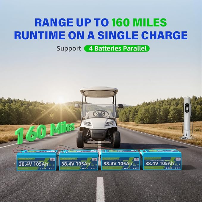 O'CELL 36V 105Ah LiFePO4 Golf Cart Battery+Mounting Bracket, 10+ Year Lifespan, 38.4V 4032Wh Lithium with 200A BMS, 4.9'' LCD/Bluetooth, 36V 25A Charger IP67 - Fit Club Car, EZ GO, Yamaha, Lawn Mower