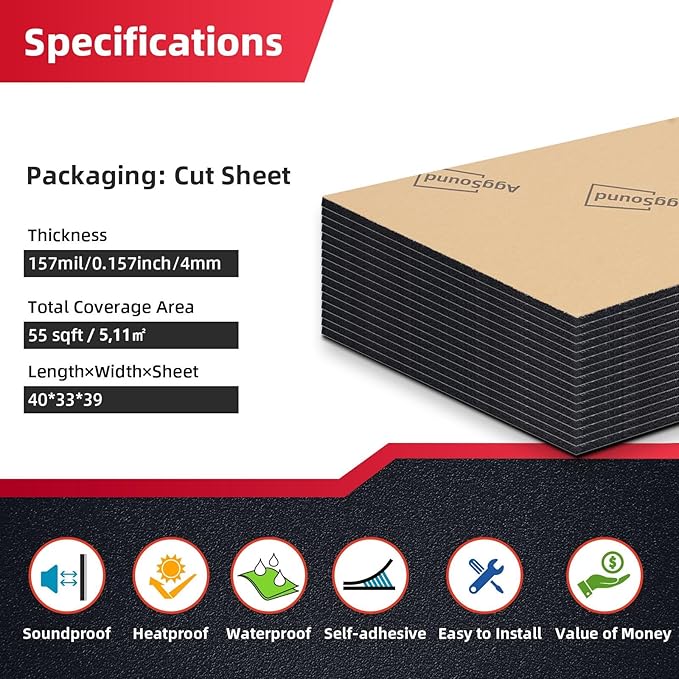 Sound Deadening Mat 157mil(4 mm) 55.41sqft - Closed Cell Foam Car Sound Deadening Material - Self-Adhesive Hood Insulation Heat Shield Auto Sound Dampening