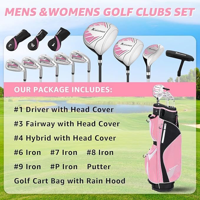10 Pieces Golf Clubs Full Set Mens Right Hand,Golf Set Includes Stand Bag with Rain Hood, 1#Driver 3#Wood #5 Hybrid,with 3 Head Covers, 6# 7# 8# 9# PW# Irons and Putter