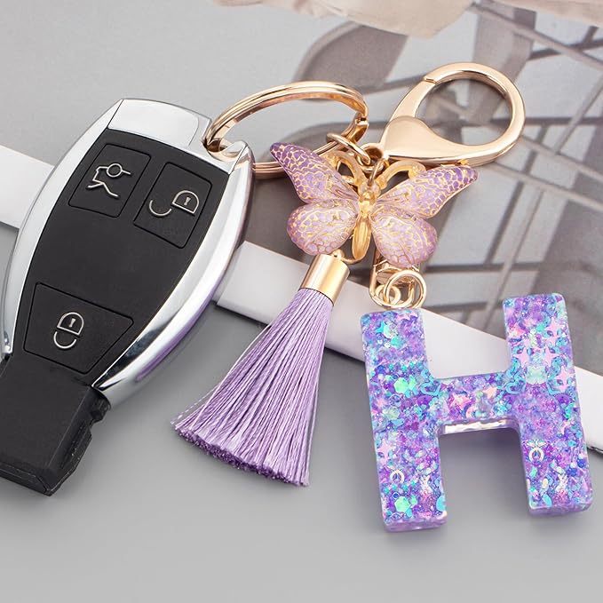 Suweibuke Colourful Cute Initial Letter Keychains for Women Girls with Tassel Butterfly, Charm for Purse Handbags Backpacks