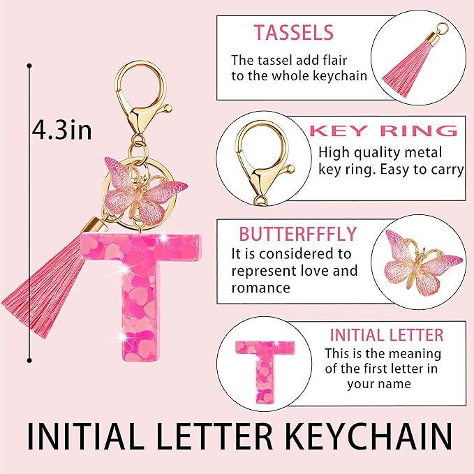 Suweibuke Colourful Cute Initial Letter Keychains for Women Girls with Tassel Butterfly, Charm for Purse Handbags Backpacks