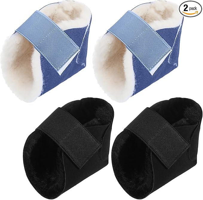 2 Pairs Heel Protector Boot Sheepskin Heel Protectors Soft Foot Cushions Pads with Securing Strap for Protect Feet Ankle Pressure Bed Sores(Black, Blue)