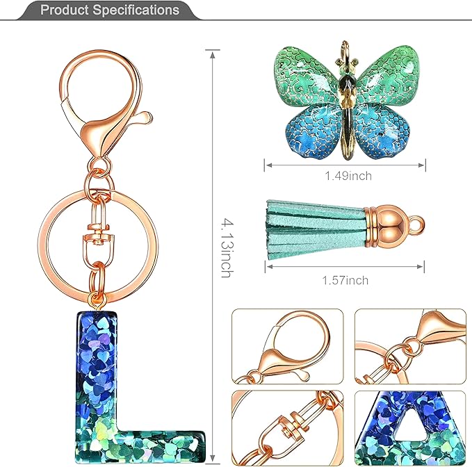 JINGUAZI Initial letter Keychains for Women Tassel Butterfly Pink Purple Cute Car Keychain for Wallet Backpack bag charm