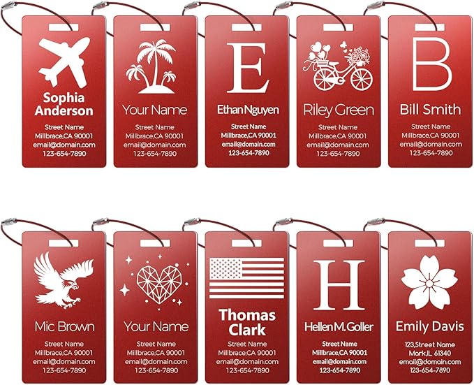 Personalized Metal Luggage Tags, Custom Suitcase Aluminum Name Tags with 5.9in Steel Ring, Laser Engraved Text and Logo, for Travel Gift, Baggage, Golf Bag (Red)