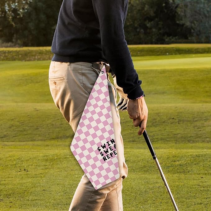 Pink Checkered Golf Towel - Trenndy Modern Sports Club Golf Bag Accessories Towel, Pink Disc Weave Waffle & Ball Towels with Carabiner Clip Gifts for Golfer Women Girls Kids, 16"x24"