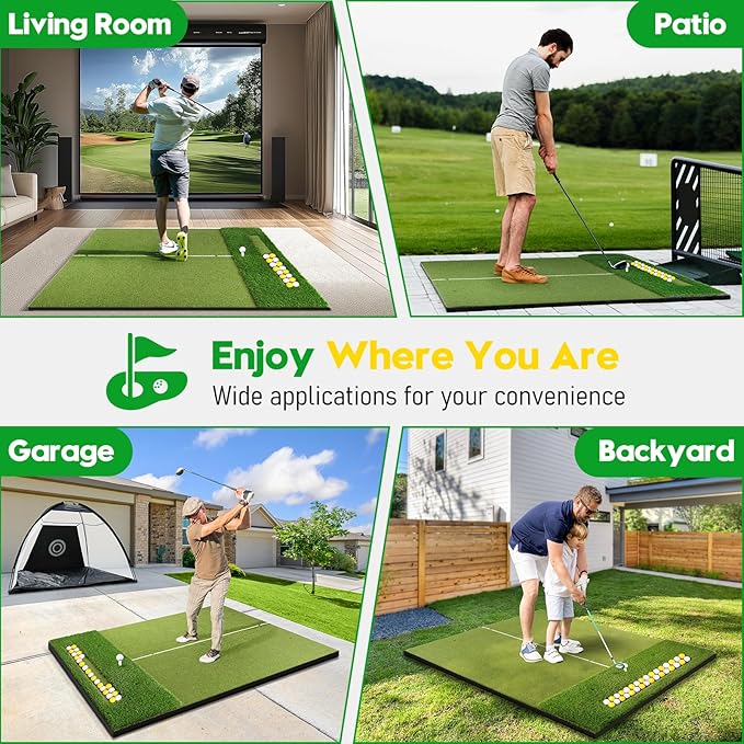 Premium Dual-Turf Golf Mat with Ball Tray, 5x4 FT Golf Hitting Mats Practice Outdoor Indoor Equipment with 10 Balls, 9 Golf Tees, Aid Training Swing Chipping Mat, Gifts for Men,Boy,Golfers
