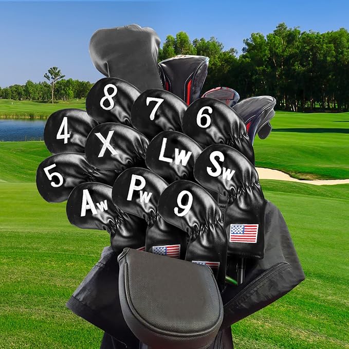 Golf Iron Covers Set US Flag Leather for Irons Value 11 Pack, Long Neck Protector Number Headcover, Universal Head Cover Fit Main Iron Clubs for Men Women Golfer