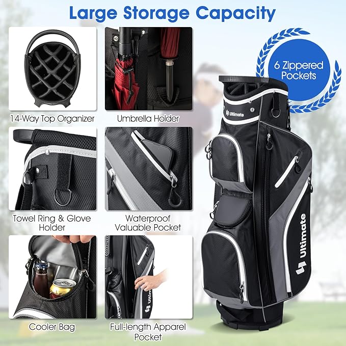 ULTIMATE 14-Way Golf Stand Bag, Portable Golf Bag w/ 6 Pockets,Cooler Bag & Waterproof Valuable Pocket, Rain Hood, Ergonomic Dual Strap System & Carrying Handles, 5 LBS Lightweight for Adults