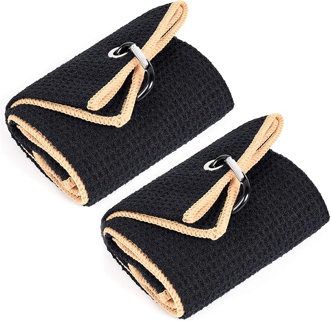 Mile High Life Tri-fold Golf Towel | Premium Microfiber Fabric | Waffle Pattern | with Heavy Duty Carabiner Clip | for Men and Women (2 Pack Black/Yellow)