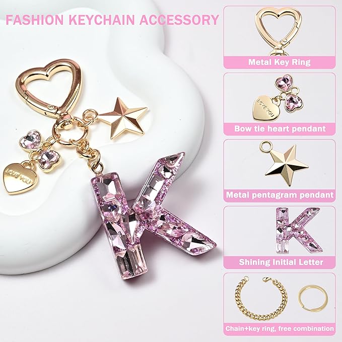 Cute Bling Keychain initial Letter Butterfly Star Pink Purple Gift for Women Girls Bag Cup Charms Accessories
