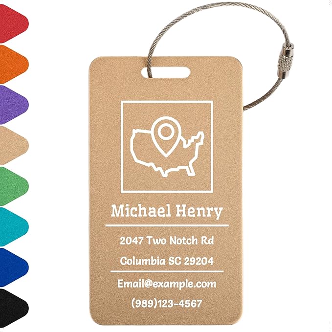 Personalized Luggage Tags for Suitcases Custom Metal Name Tags for Backpacks Bags Travel - Vertical (Gold)