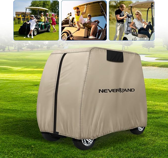 NEVERLAND Golf Cart Cover 4 Passenger - Waterproof Golf Cart Covers - Fits for Yamaha Golf Carts EZ GO Club Car - Outdoor Windproof Sunproof (Light Tan, Fit for 2+2/4 Passenger Cart)