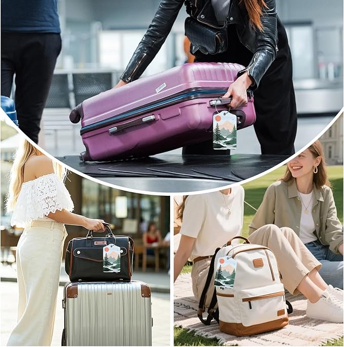 3 Pack Mountain Tree Luggage Tags for Suitcase Sunset Landscape PU Leather Travel Luggage Tag Privacy Cover ID Label for Women Men Baggage Backpack Handbag School Bag