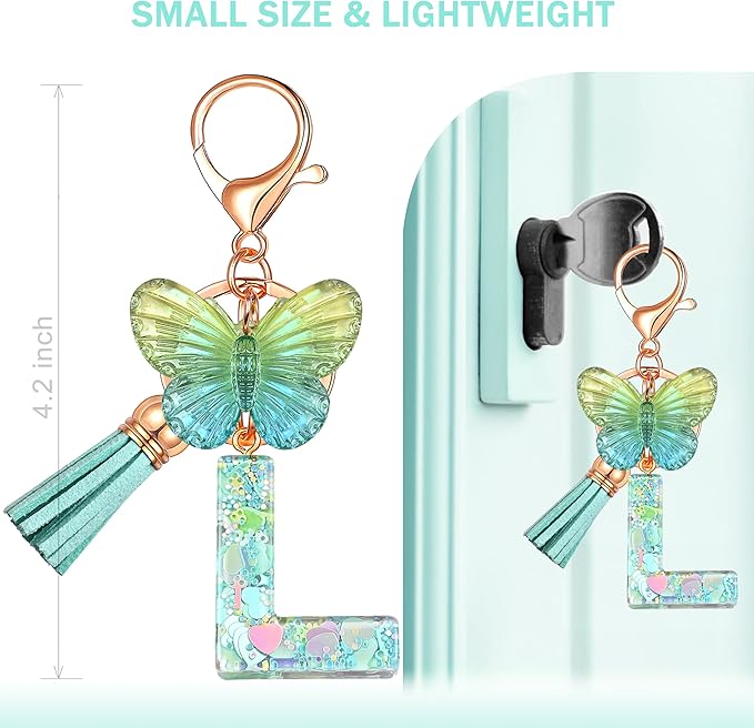 JINGUAZI Initial letter Keychains for Women Tassel Butterfly Pink Purple Cute Car Keychain for Wallet Backpack bag charm