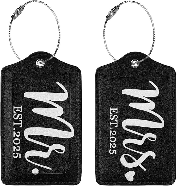 2 Pcs 2025 Mrs Mr Luggage Tag for Suitcase, Steel Loop with Privacy Cover ID Label, Engagement Wedding Bridal Shower Gift for Women Men Couple