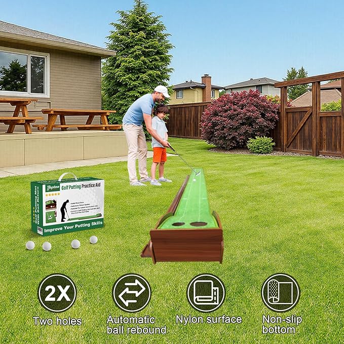 Golf Putting Mat with Ball Return, Practice Golf Putting Green Training Aid for Indoor, Outdoor at Home, Office, Backyard with Putter and 5 Balls 9.84 ft