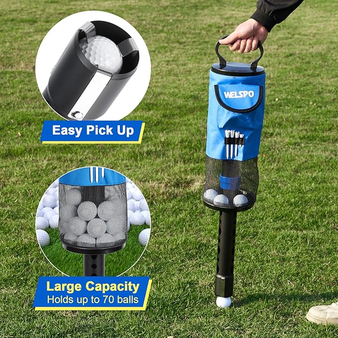 welspo Golf Ball Retriever, Portable Shag Bag Golf Ball Pick Up with Detachable Aluminum Alloy Tube, Golf Shag Bags Golf Ball Shagger Large Capacity Hold up to 70 Balls