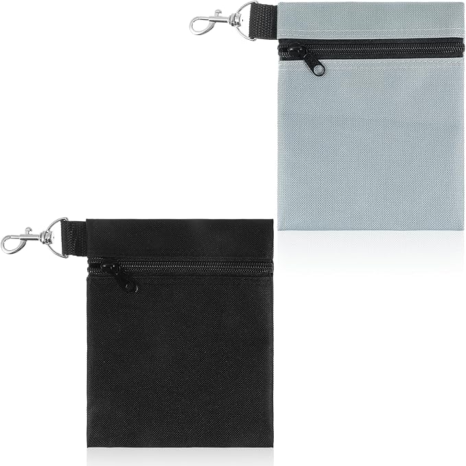 2 Pack Golf Ball Bag, Golf Tee Bag Pouch 6.7" x 5.5" Zippered Pouch with Metal Lobster Clip, Waterproof Golfs Accessories Organizer for Tees Balls, Valuables Holder, Men Women (Black, Gray)