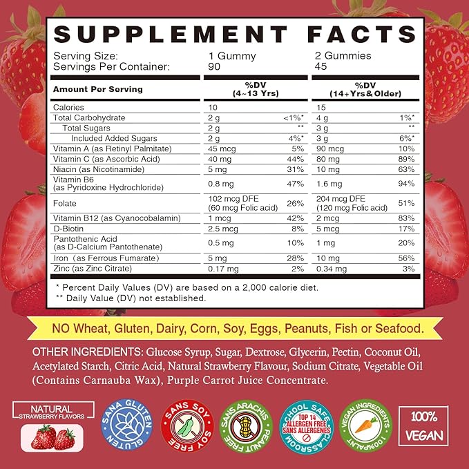 Iron Gummies Supplements for Kids & Women - Multivitamin with Iron for Blood Healthy, Great Tasting Vitamins Gummy with Vitamin C for Max Absorption - Strawberry (3 Packs)
