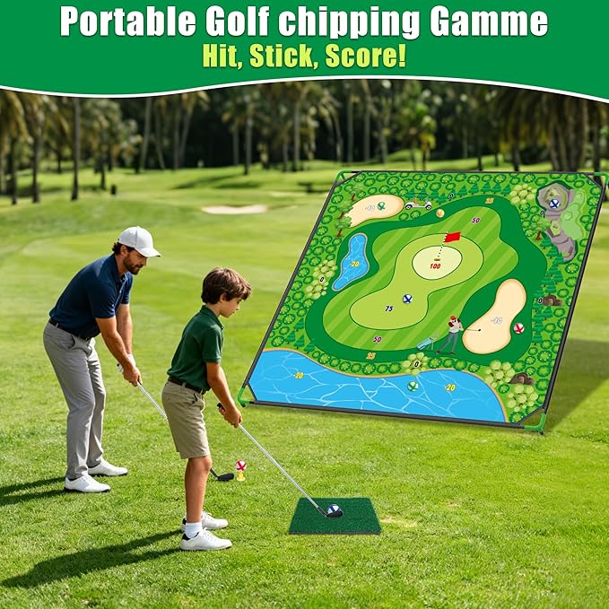 Golf Chipping Game Set, 71 x 71 in Large Golf Practice Mat with 2 Adjustable Clubs, 24 Sticky Balls, Portable Indoor Outdoor Golf Training Set, Perfect Backyard Golf Game Gift for