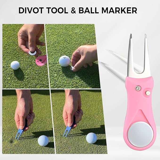 Pink Golf Accessories for Women, Acrylic Paint Ink 16 Pcs Golf Essentials Kit - Golf Club Brush & Golf Towel, Tee & Ball Holder for Bag, Divot Tool & Ball Maker, Golf Club Cleaning Kit - Golf Gifts