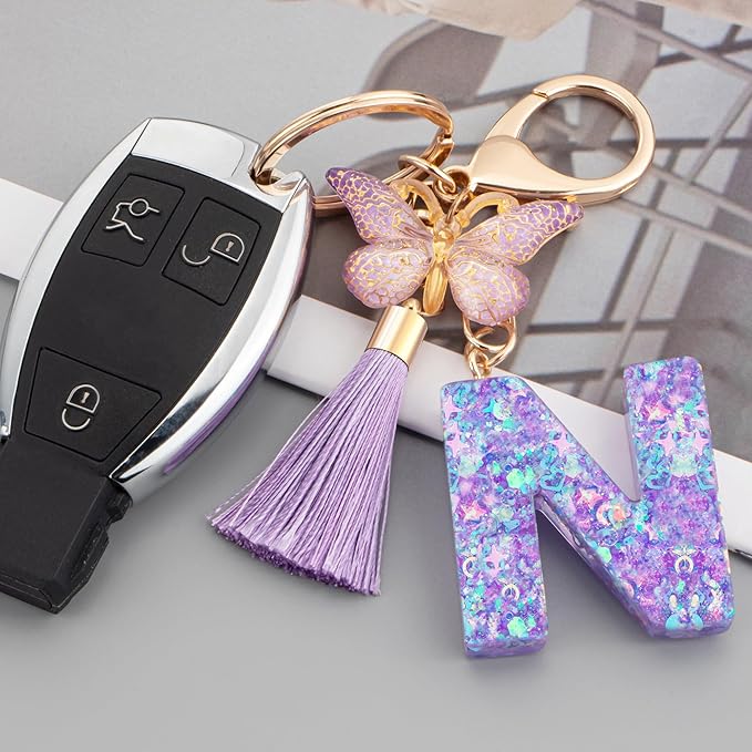 Suweibuke Colourful Cute Initial Letter Keychains for Women Girls with Tassel Butterfly, Charm for Purse Handbags Backpacks