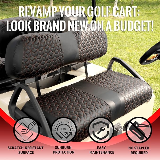 Golf Cart Seat Covers Front and Rear for Club Car DS 2000.5+ Standard Seat Cushion, EZGO Vinyl Leather Seat Cover Set Replacement Accessories, No Staples, Black(4 PCS)
