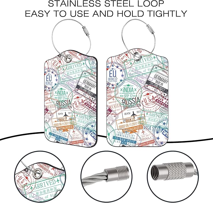2 Pack Luggage Tags for Suitcase,Passport Visa Stamp PU Leather Luggage Tags with Privacy Cover Name Address Labels and Steel Ring,Creative Travel Accessories for Men and Women