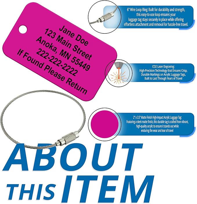 Custom Luggage Tags for Travel – Durable High-Visibility Acrylic Tags for Suitcases, Backpacks, & Luggage Sets, Includes Wire Ring Loop for Easy Attachment
