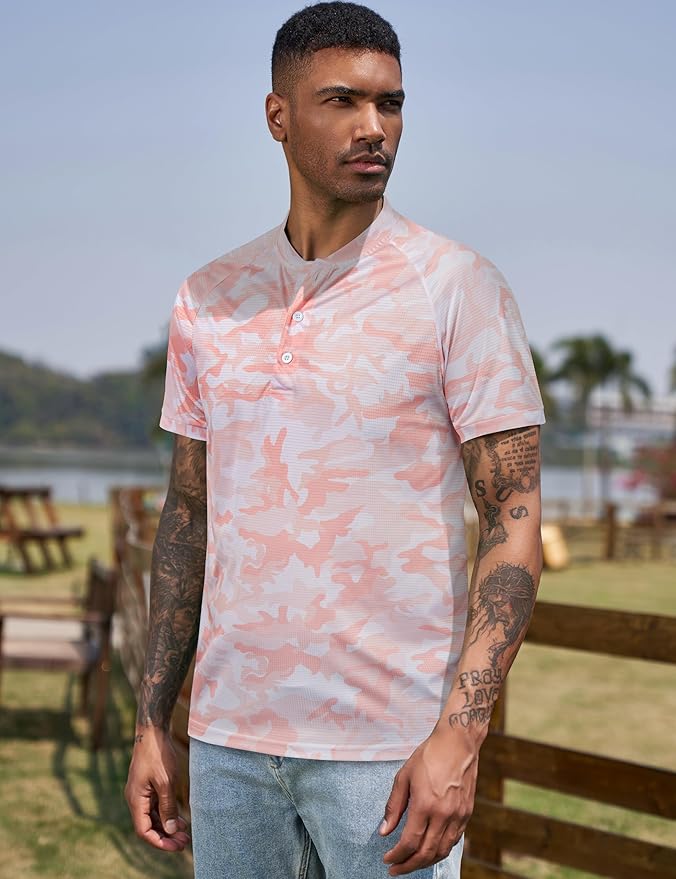 TAPULCO Mens Collarless Golf Shirts Short Sleeve Dry Fit Stretch Casual Breathable Lightweight Tshirts