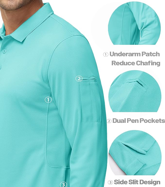 MAGCOMSEN Men's Polo Shirts 3 Button Quick Dry Performance Long Sleeve Tactical Shirts Pique Jersey Golf Shirt