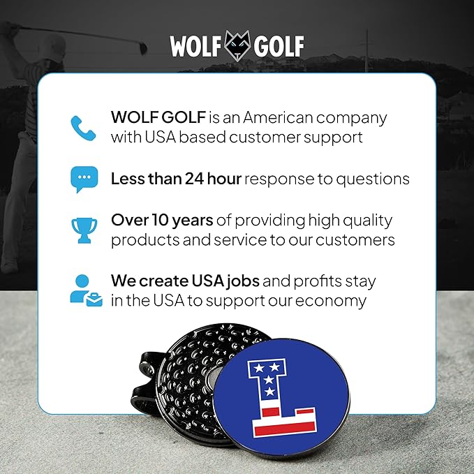 Wolf Golf Towels Golf Ball Marker Hat Clip | USA Monogram | 1 Magnetic Clip + 3 Ball Markers | Patriotic Golf Accessories for Men & Women