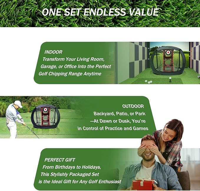 Golf Chipping Net Set with Mat & 12 Practice Balls – All-in-One Golf Training Kit – Portable, Easy Setup for Backyard & Indoor Use – Great Gift for Golfers and Beginners
