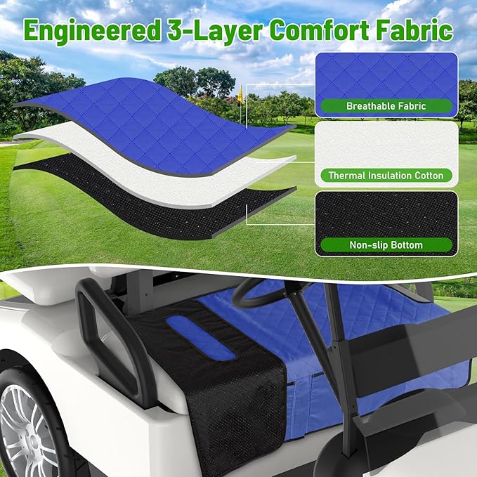 Kaskawise Golf Cart Seat Covers,Universal Golf Cart Seat Towel Blanket with 4 Front Pockets & Nonskid Bottom Fits for EZGO, Yamaha, Club Car DS Precedent and More 2 Person Seats Golf Carts (Navy Blue)
