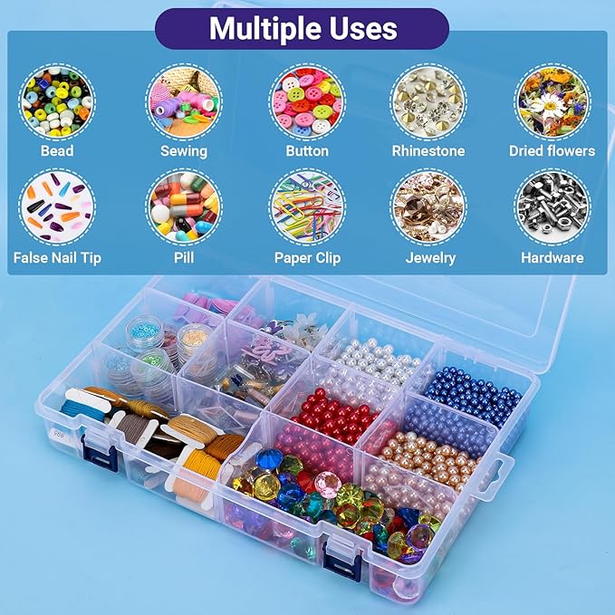 Large Bead Organizer Box, 10 Compartment Craft Storage Container with Removable Divider, Plastic Empty Case for Jewelry Rhinestone Charms Crystal Press On Fake Nail, Hair Stuff Small Accessory