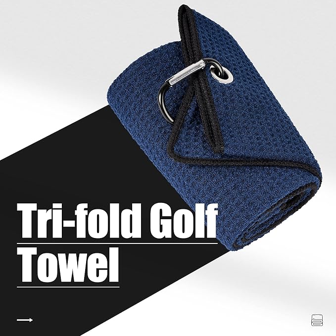 Mile High Life Tri-fold Golf Towel | 16" X 24" | Premium Microfiber Fabric | Waffle Pattern | with Heavy Duty Carabiner Clip | for Men and Women (2 Pack Navy)