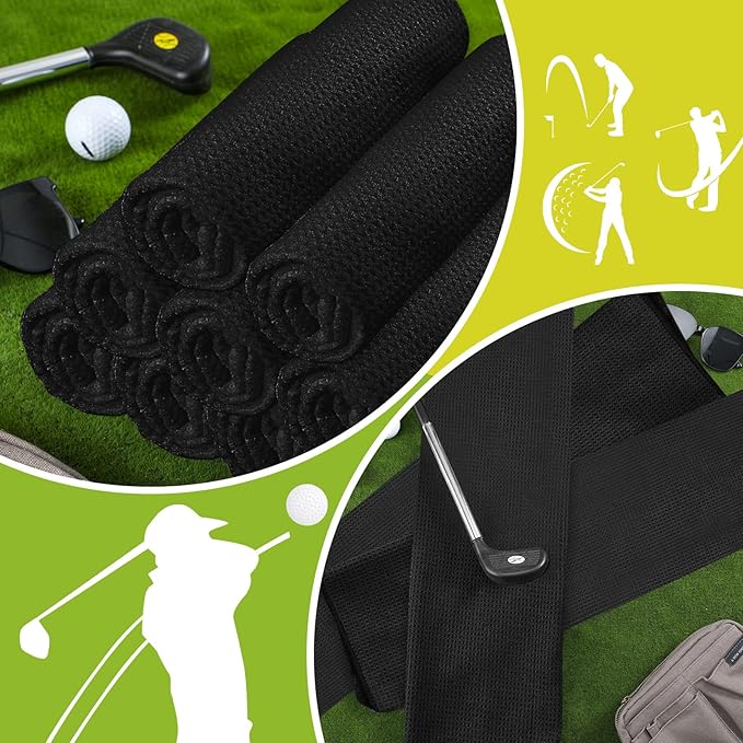 Cindeer 6 Pack Large Golf Towels, 16" x 24" Tri-fold Golf Towels, Microfiber Fabric Waffle Pattern Golfing Towel Portable with Heavy Duty Clip for Golfing Bag Remove Sand Dirt Mud Sweat(Black)