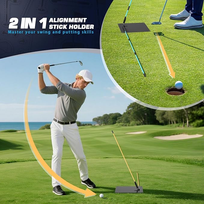 Pro Golf Alignment Sticks Holder – Adjustable Swing Plane Trainer with Weighted Base | Angle Plate Golf Training Aid for Swing Path, Putting & Aiming (Precise Scale Adjustment) (Effortless Adjust)