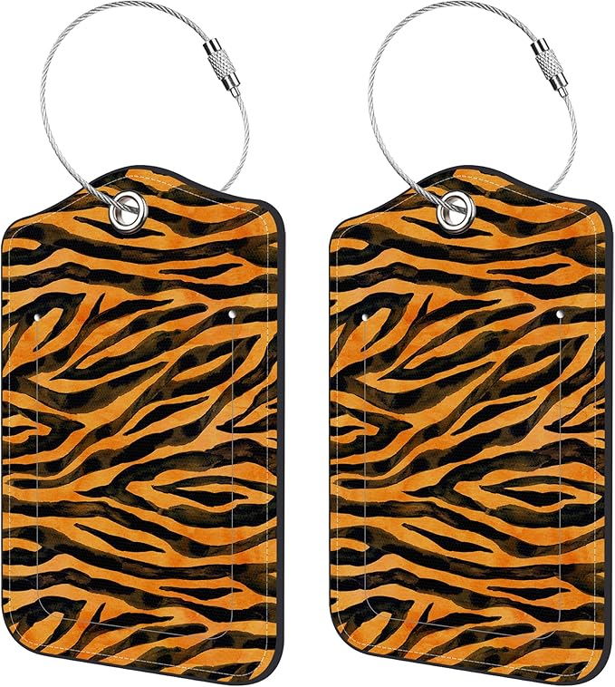 2 Pack Luggage Tags for Suitcase,Tiger Print PU Leather Luggage Tags with Privacy Cover Name Address Labels and Steel Ring,Creative Travel Accessories for Men and Women