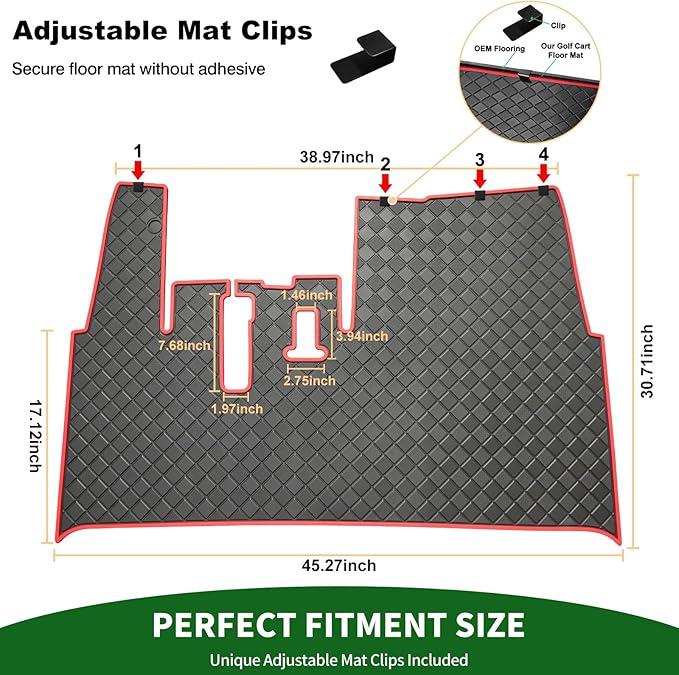 Golf Cart Floor Liner Mat 8mm Thick Rubber Full Coverage Fit for 2017-2025 Yamaha Drive2, QuieTech 2017-Up, Adventurer 2017-Current, UMAX Rally 4x4 Non-Slip Diamond Mat Replacement - Red Trim