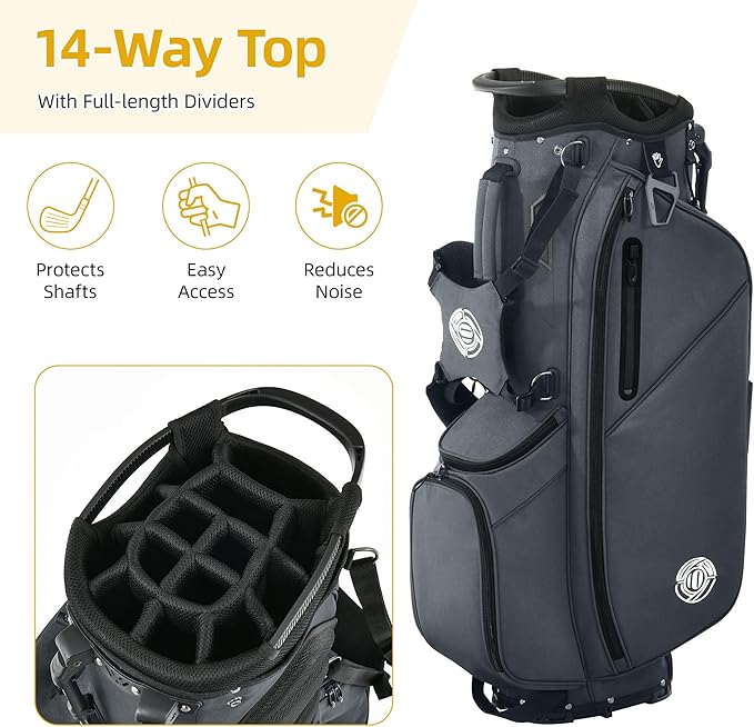 Golf Stand Bag 14 Way, Lightweight Golf Bags for Men Women with Stand, Padded Ergonomic Double Strap, Full Length Dividers, Multiple Pockets, Rain Hood