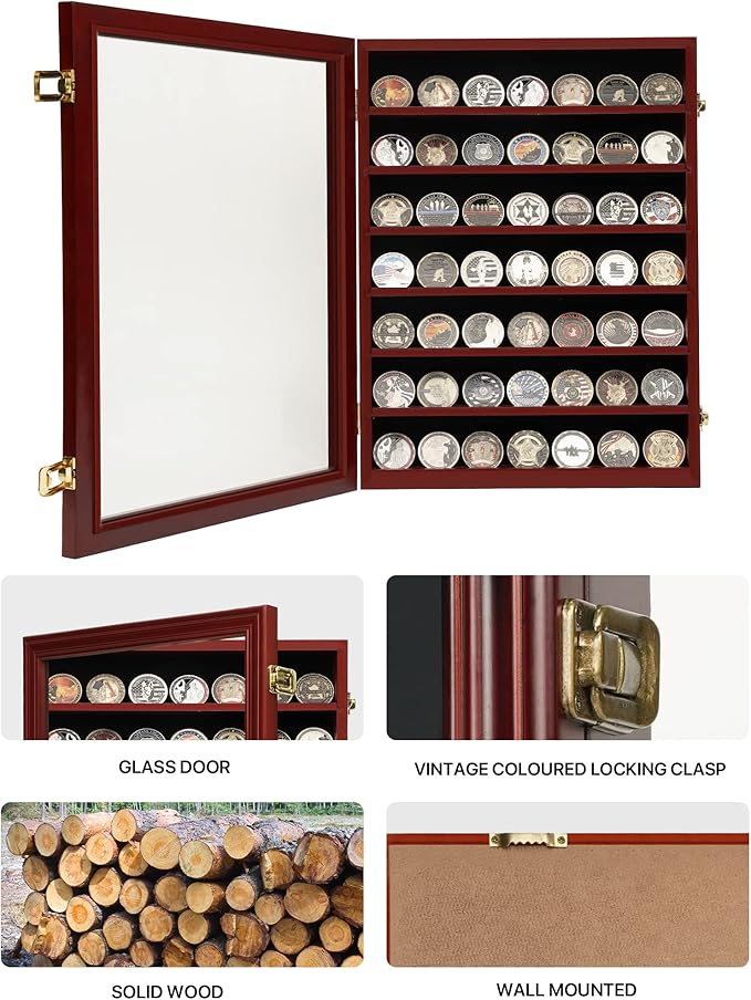 7 Rows Challenge Coin Holder Display Case with HD Tempered Glass Holds 100 coins, Wall-Mountable Military Shadow Box Cabinet with Removable 2-Groove Shelves for Medals and Casino Poker Chips, Mahogany