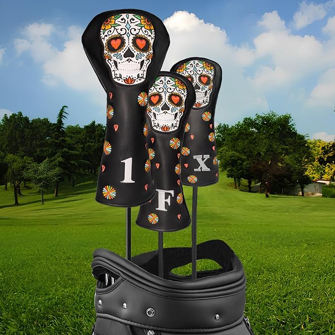 Colorful Skeleton Embroidery Club Covers Driver Headcovers Fairway Wood Cover Hybrid Head Cover Leather 3 Wood Headcover Golf Club Covers for Most Brand.