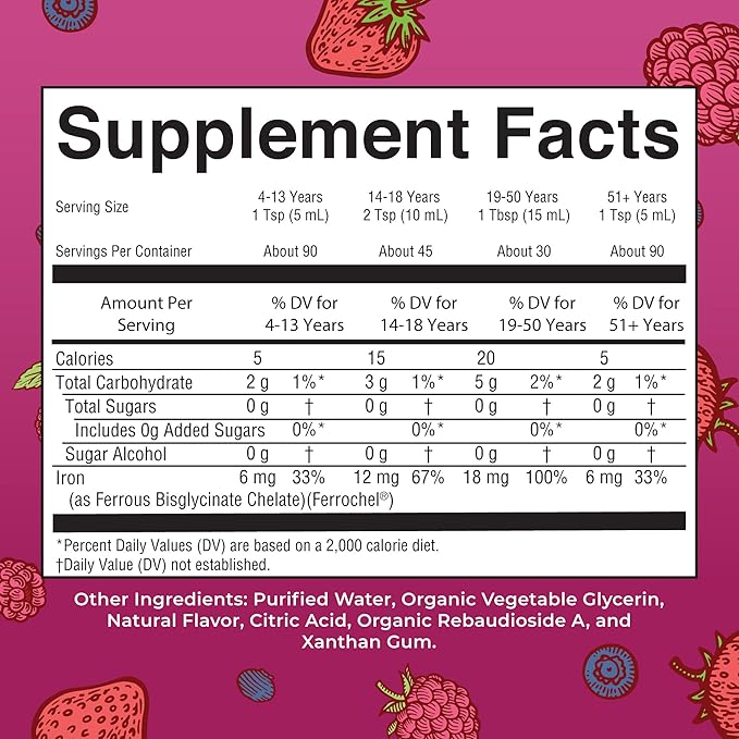 Iron Supplement for Women Men & Kids | Liquid Iron Supplement for Women Men & Kids | Iron for Healthy Blood & Oxygen | Ages 4 & Up | Sugar Free | Vegan | Non-GMO | Gluten Free | 15.22 Fl Oz