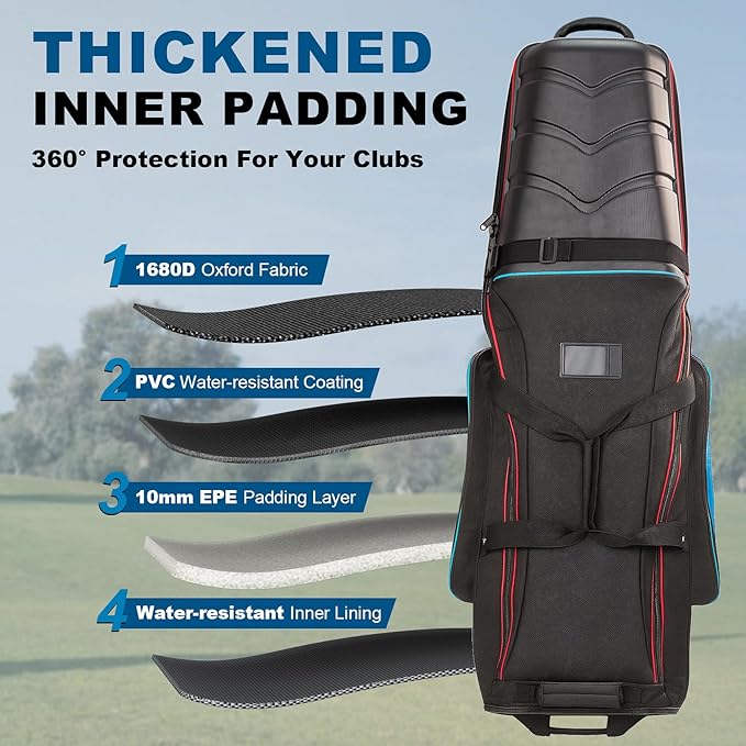 Golf Travel Bags for Airlines with Hard Case Top & Wheels, Hard Shell Top Protect Golf Club, Made of 1680D Heavy Duty Oxford, Internal Strap for Fixing, Lightweight and Easy to Maneuver