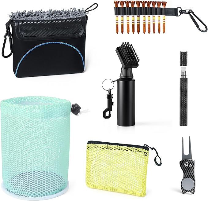 Golf Cleaning Kit Accessories,Golf Club Ball Cleaning Bag,Gift for Christmas,Club Ball Cleaning Bag,Club Brush with Water,Divot Repair Tool,Club Sharpener-Gifts for Men&Women