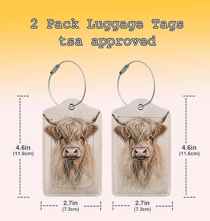 TSA Approved Luggage Tags for Suitcases Highland Cow 2 Pack Funny Leather Carnival Cruise Airport Cute Travel Name Tags Golf Bag tag Ships Essentials Privacy Cover ID Label for Women Men